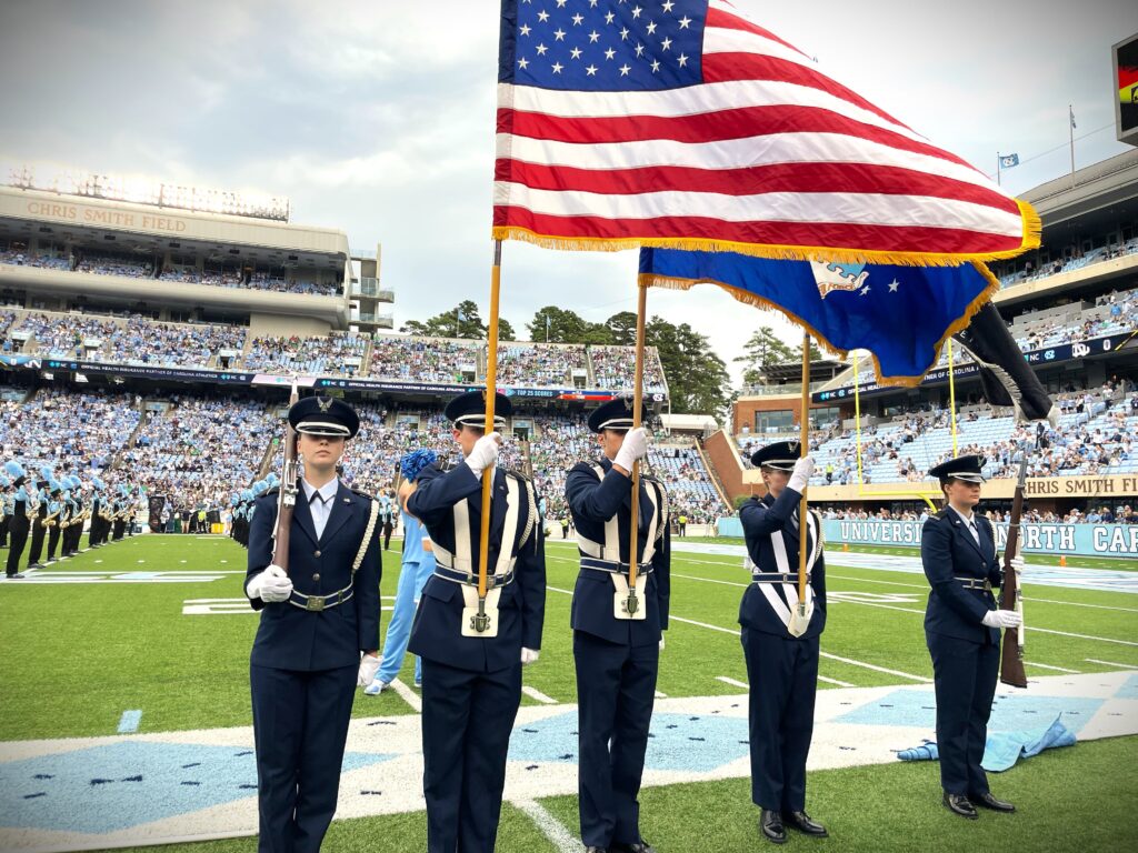 Cadets presenting the colors at a home UNC football game. 