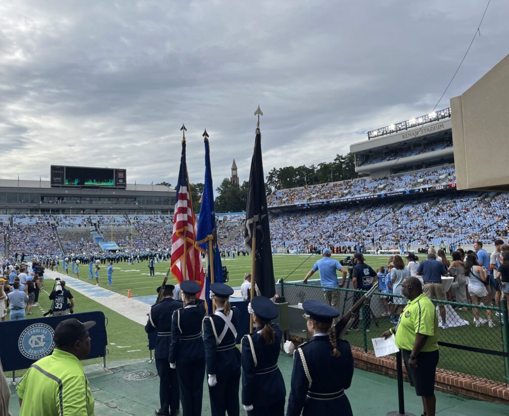 Cadets presenting the colors at a home UNC football game. 