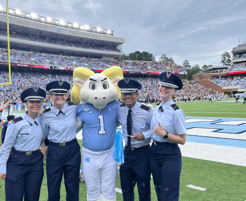 Cadets with Rameses after presenting the colors at a football game