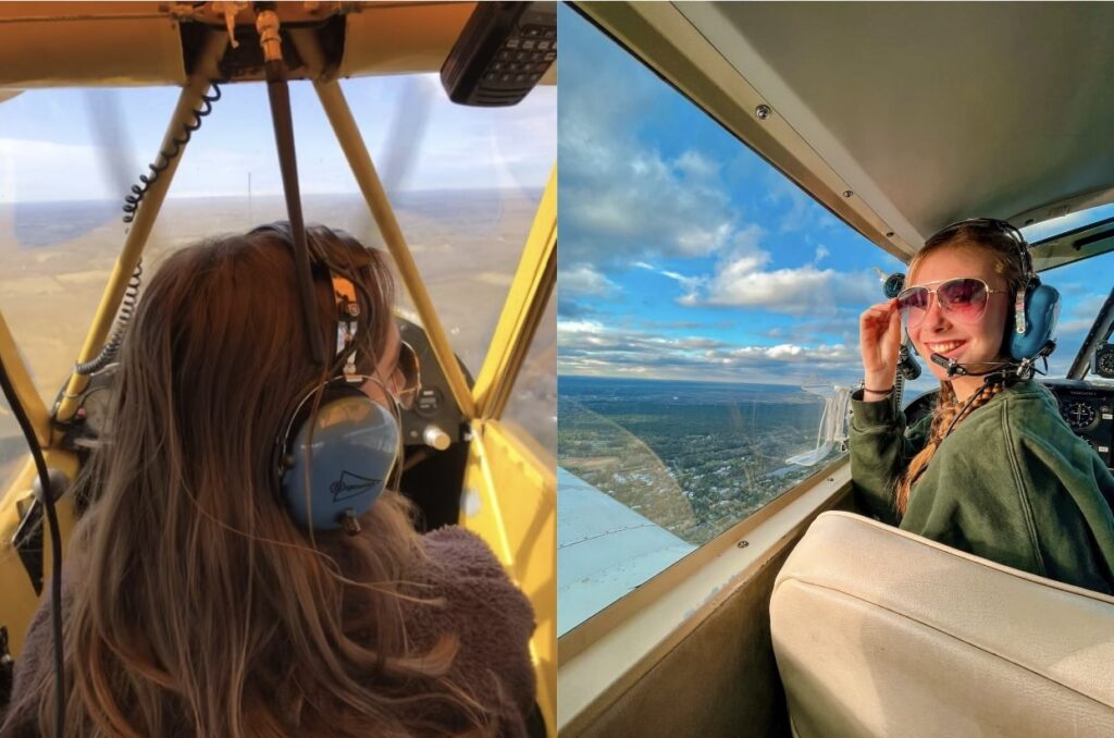 Two cadets photographed in the air while taking flying lessons. 